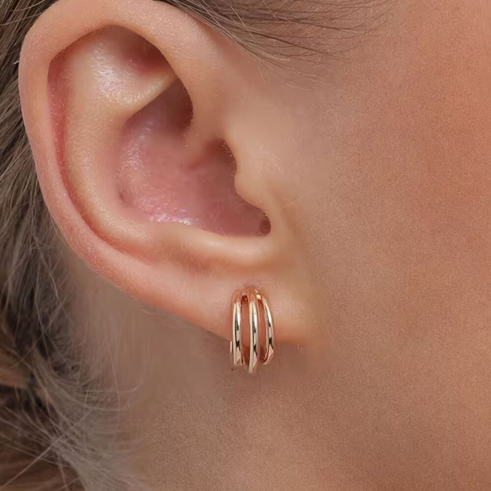 Triple Hoop Gold Stainless Earrings Classic Single Post Back Layer Huggie Dainty